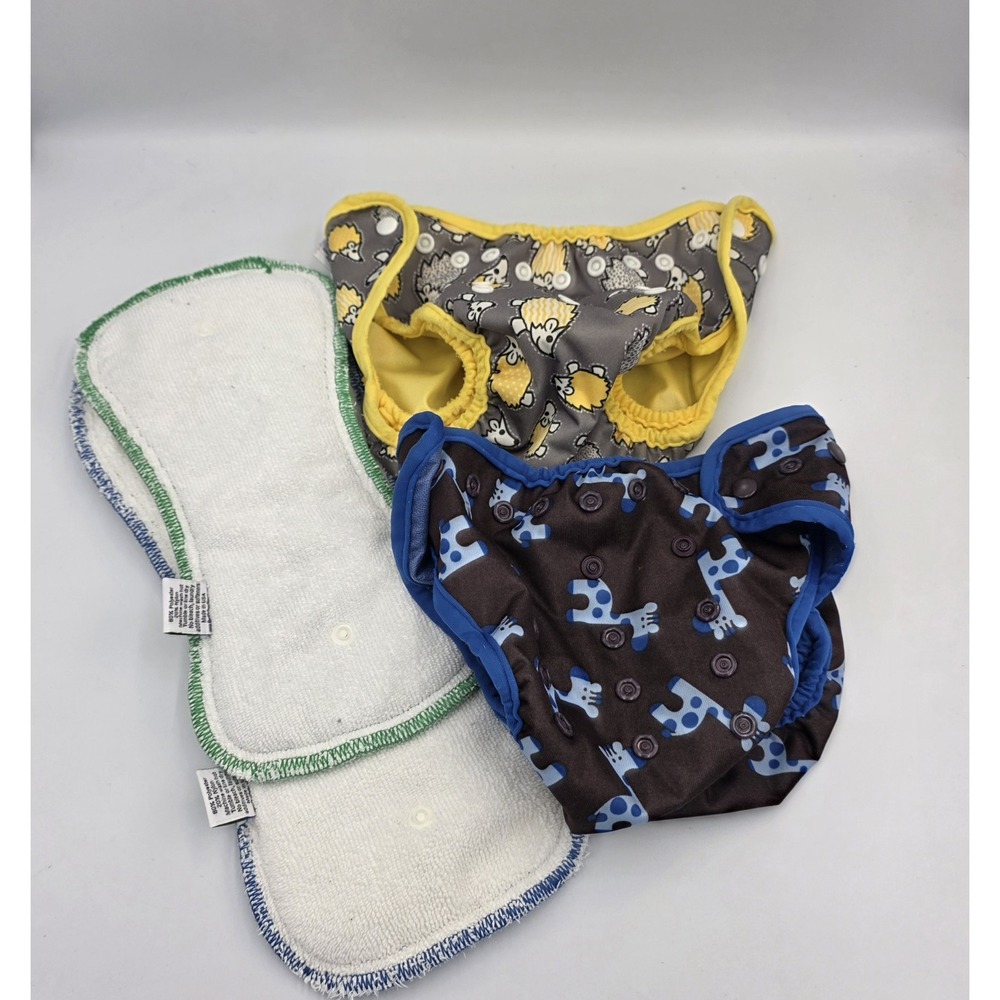 2 Best Bottom One Size Yellow Blue Themed Diapers & 2 White Green Blue Inserts